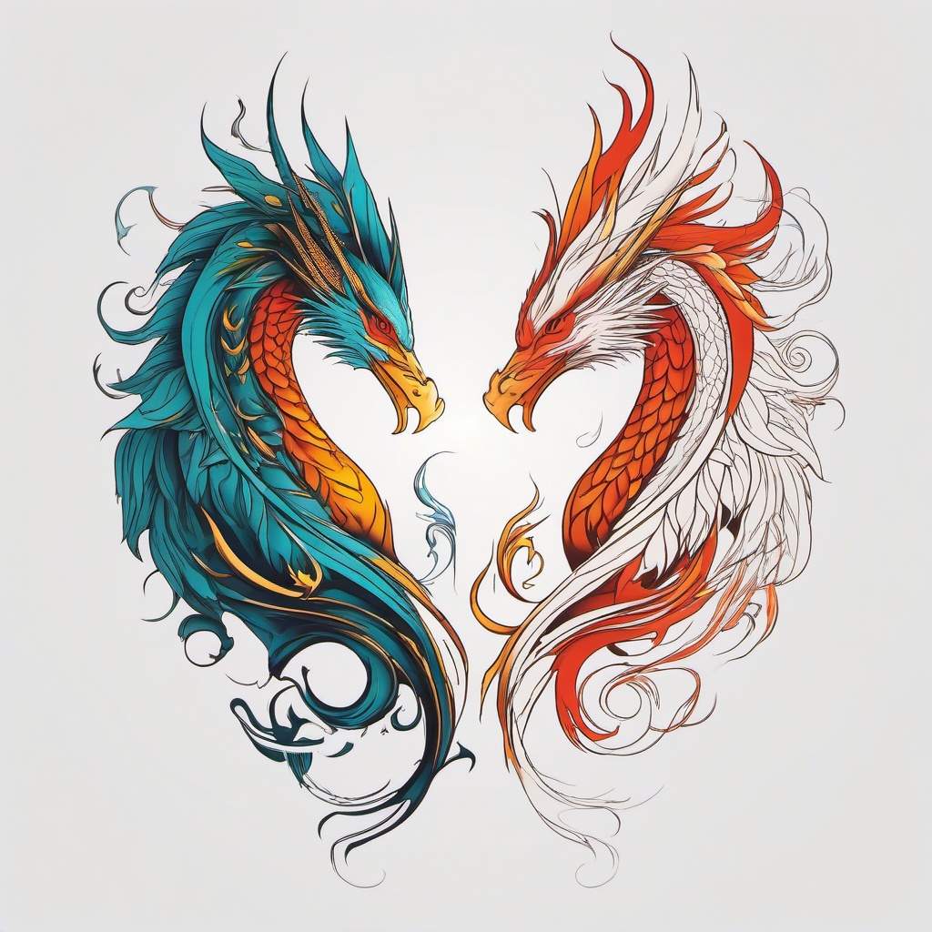 Dragon and Phoenix Tattoo - Tattoos featuring both dragons and phoenix birds, symbolizing rebirth.  simple color tattoo,minimalist,white background