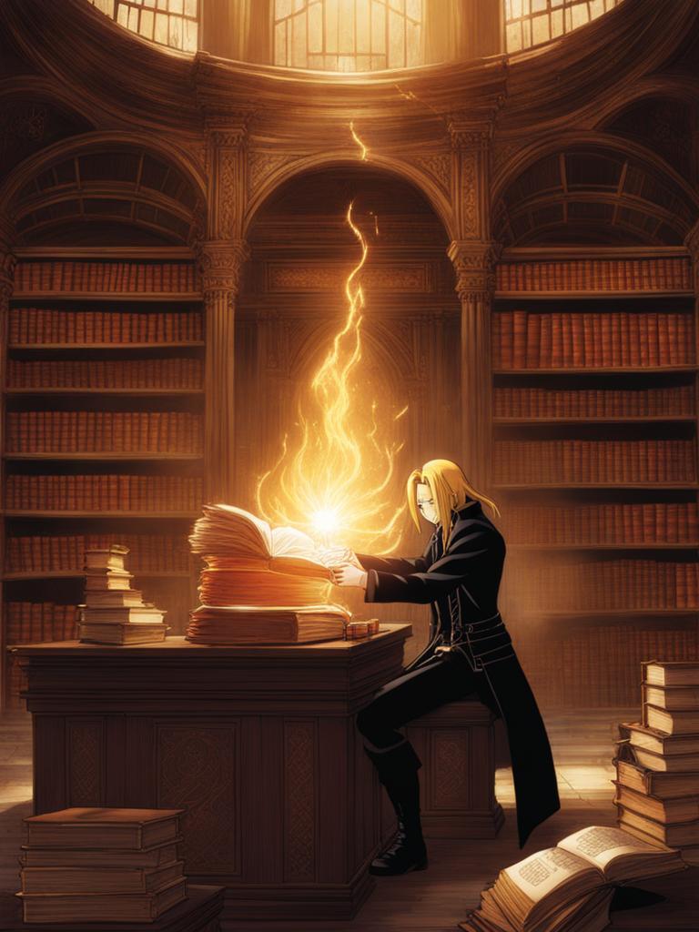 edward elric performs alchemical transmutations in an ancient library filled with tomes. 