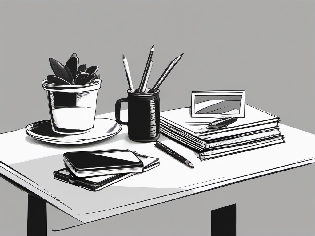 drawing of simple things on a desk  minimal rough sketch scribbles,doodles,black and white