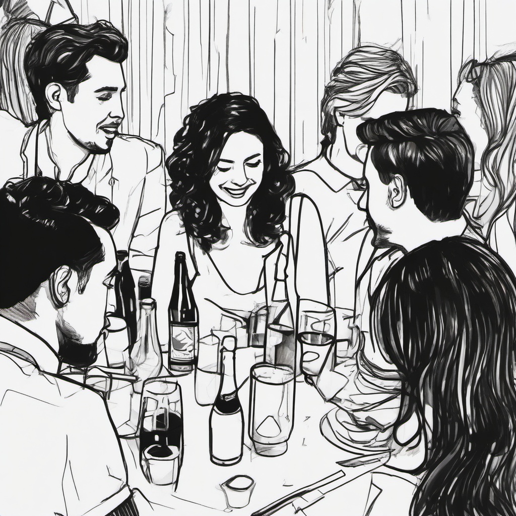 drawing of friends at a party  minimal rough sketch scribbles,doodles,black and white