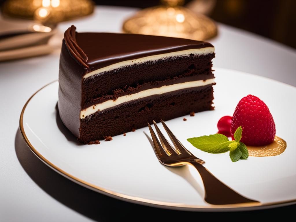 sacher-torte, a decadent austrian chocolate cake, indulged in a grand viennese ballroom. 