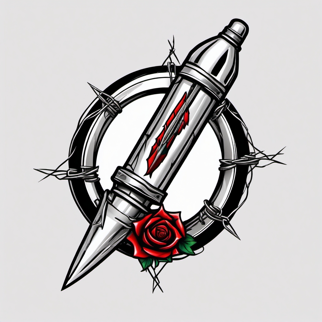 Bullet with barbed wire tattoo. Symbol of controlled danger.  color tattoo design, white background