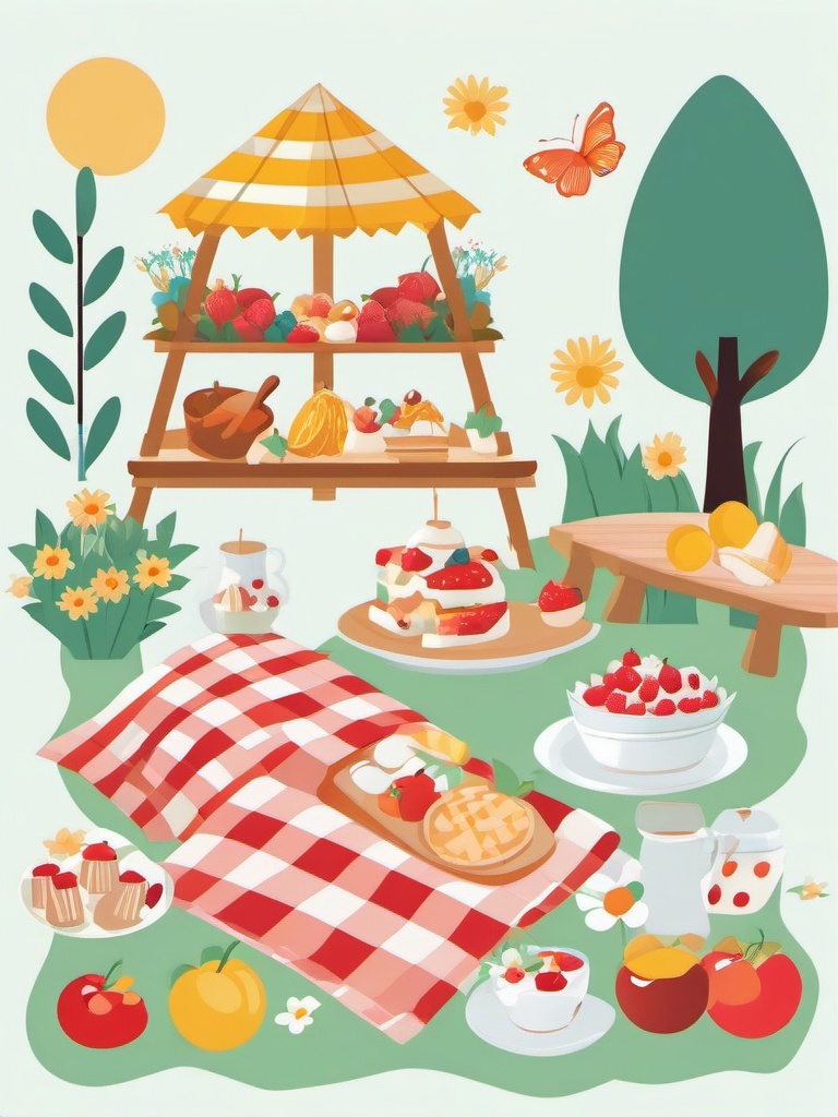 Springtime Picnic clipart - Picnic in a blooming park, ,vector color clipart,minimal