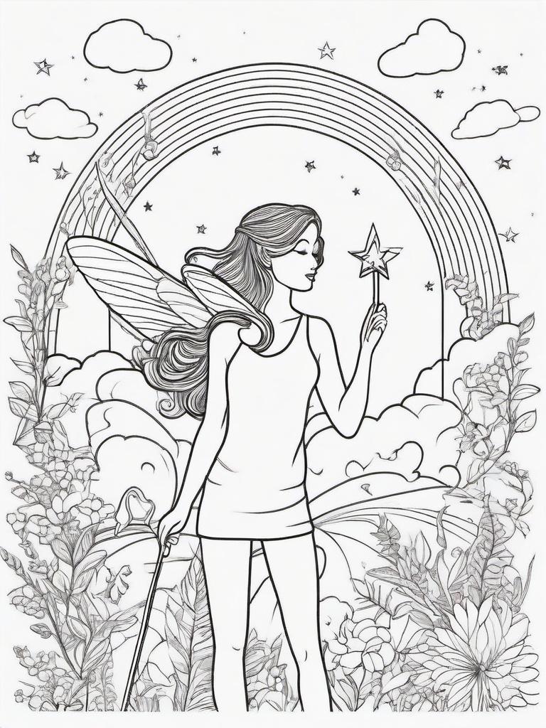 Fairy with a Rainbow Wand Coloring Pages - Fairy Casting Spells with a Rainbow Wand  minimal black outline printable sheet, coloring page