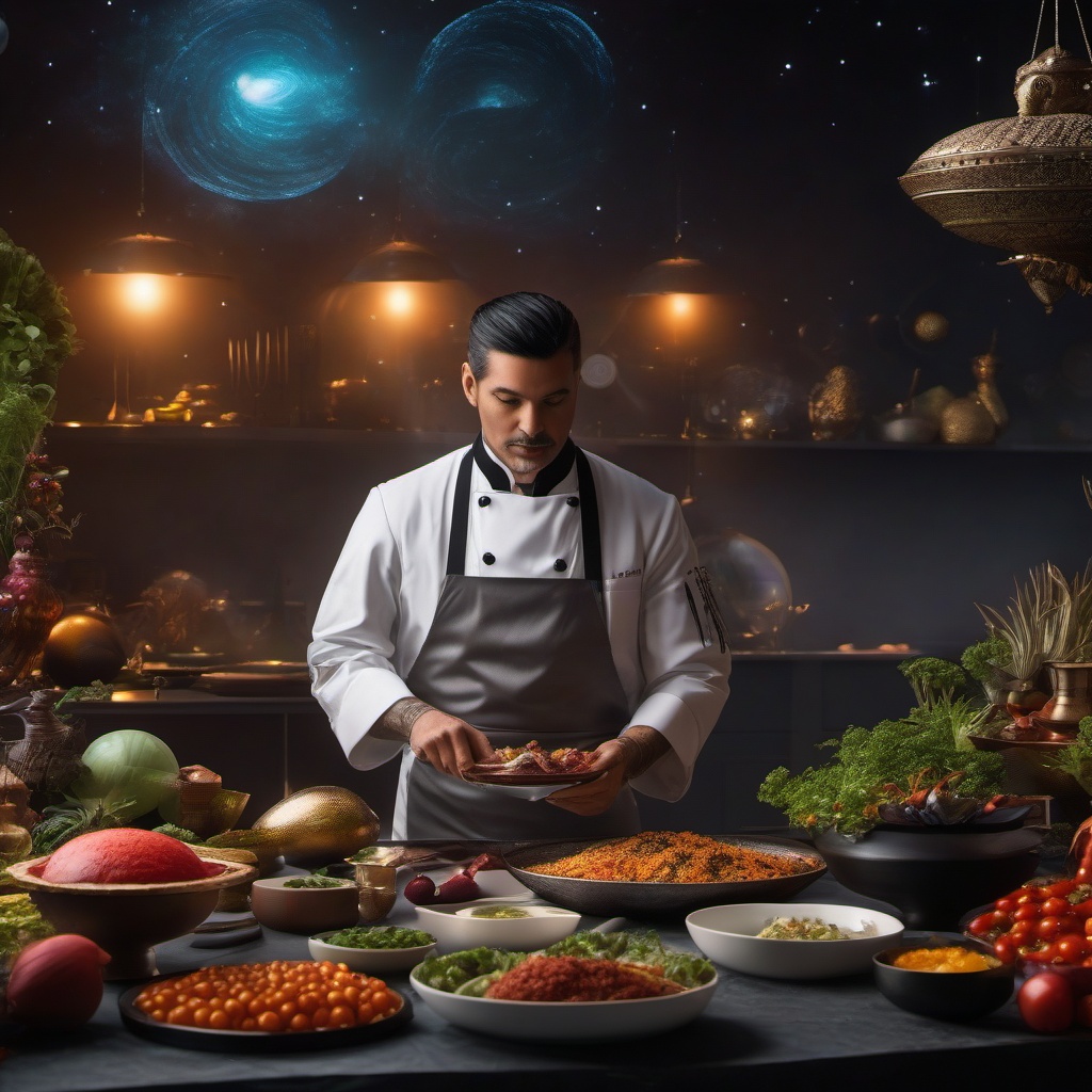 Intergalactic chef prepares a feast for an alien emperor using exotic ingredients from distant planets. 16k,8k