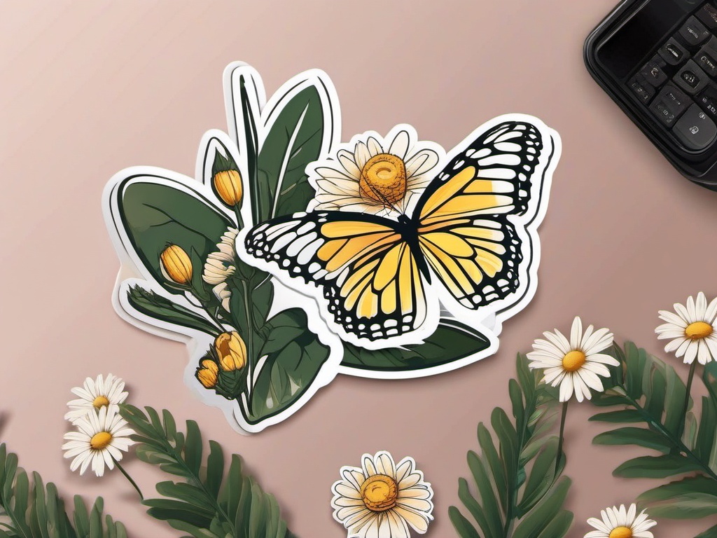 Butterfly and Daisies Sticker - Butterfly resting on daisies, ,vector color sticker art,minimal