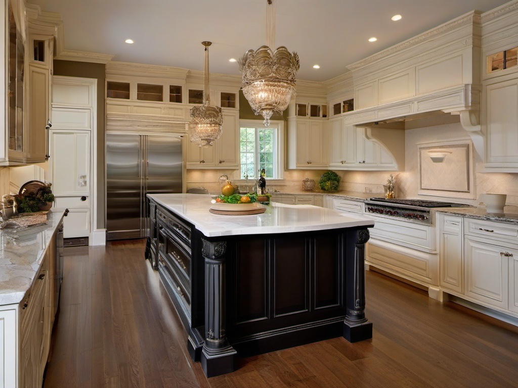 Neoclassical kitchen features simple cabinetry, decorative moldings, and classic finishes that create an elegant and timeless cooking space.  