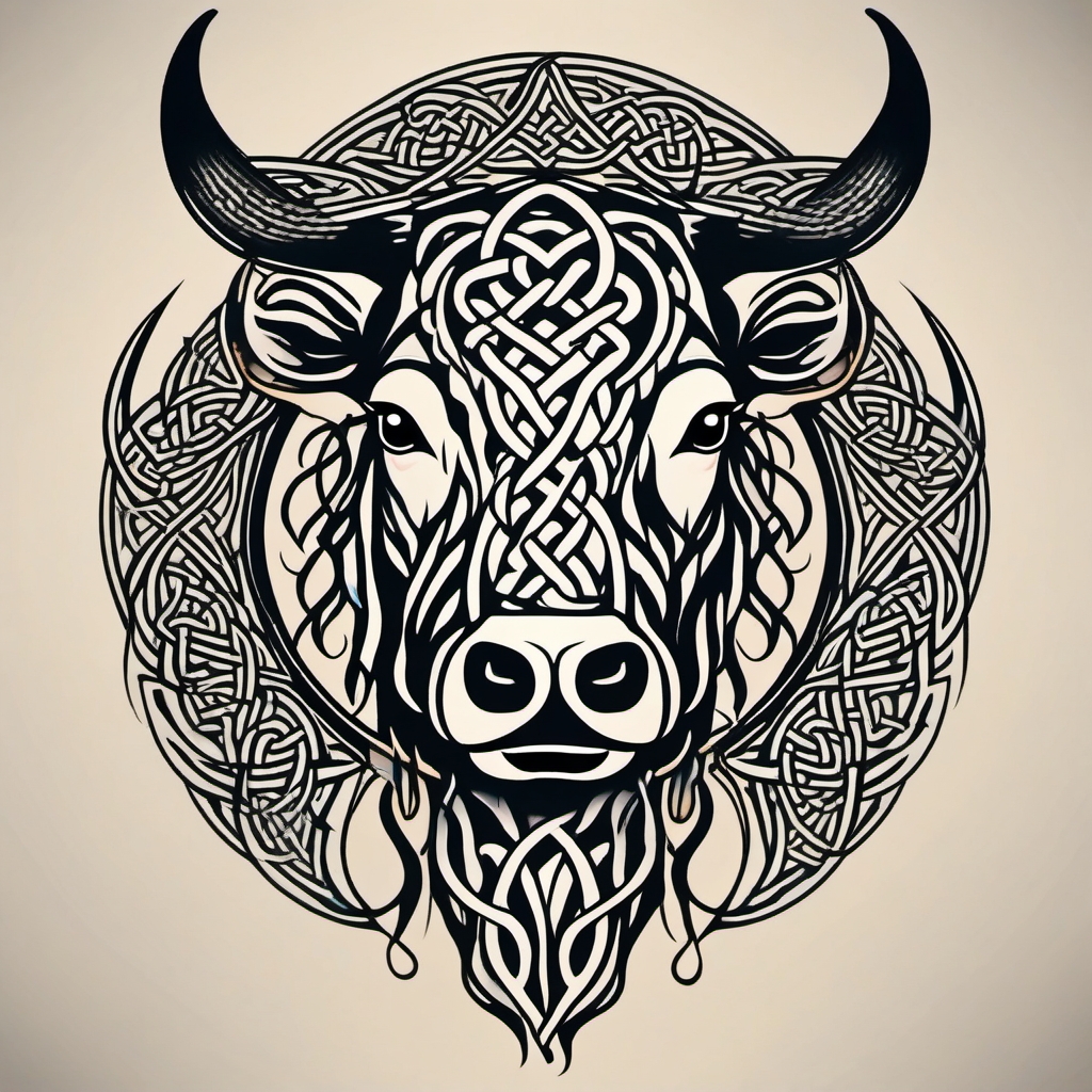 Celtic-inspired cow tattoo: Knotwork elegance, intricate symbolism.  simple color tattoo style