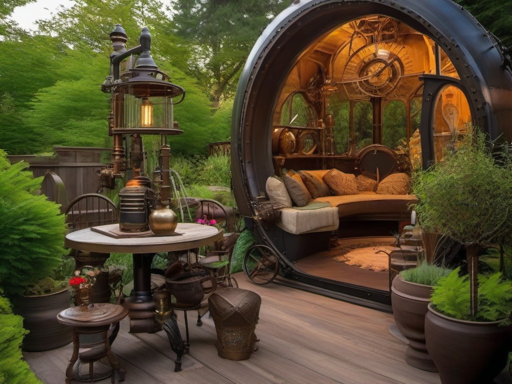 In the garden, steampunk interior design highlights vintage garden tools, unique sculptures, and eclectic landscaping that create a whimsical outdoor retreat for relaxation and enjoyment.  