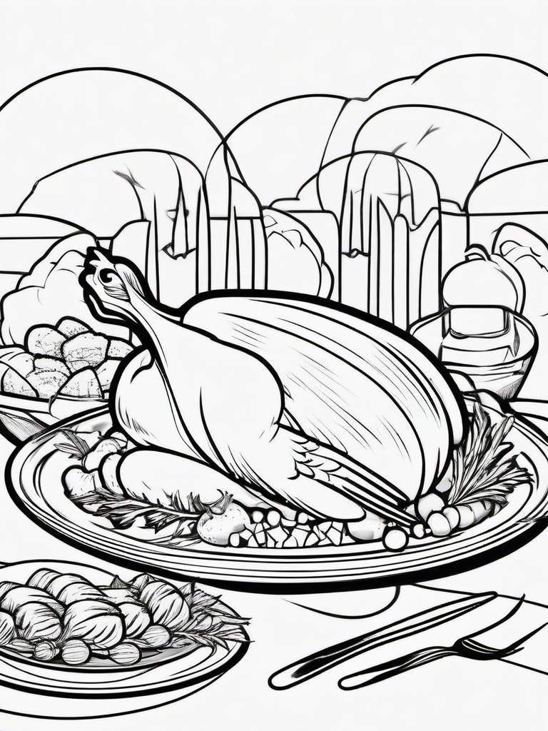 Turkey with a Fork and Knife Coloring Pages - Hungry Turkey Ready for Dinner  minimal black outline printable sheet, coloring page