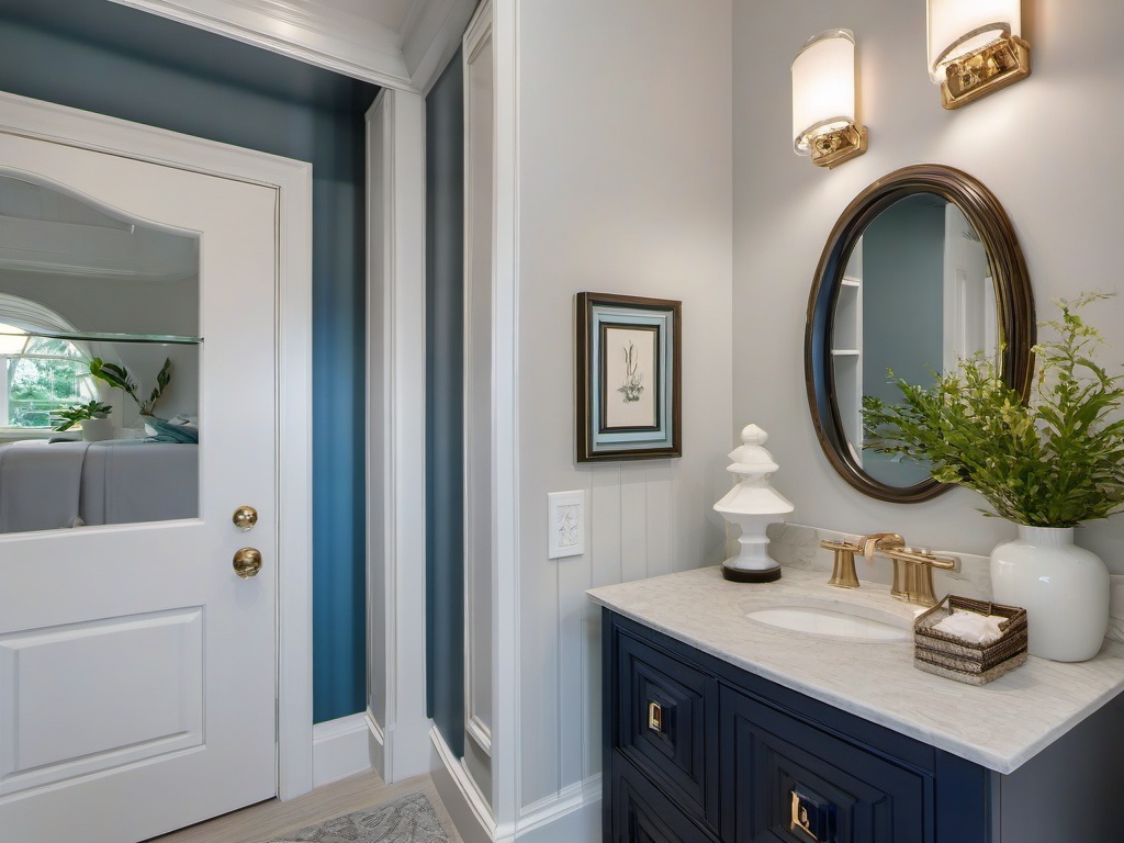 In the powder room, Hampton interior design includes elegant fixtures, fresh colors, and coastal decor that transforms a small space into a stylish and inviting experience.  