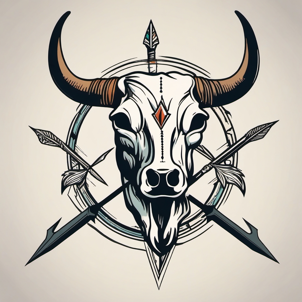 Cow skull and arrow ink: Direction and focus, symbolic strength.  simple color tattoo style