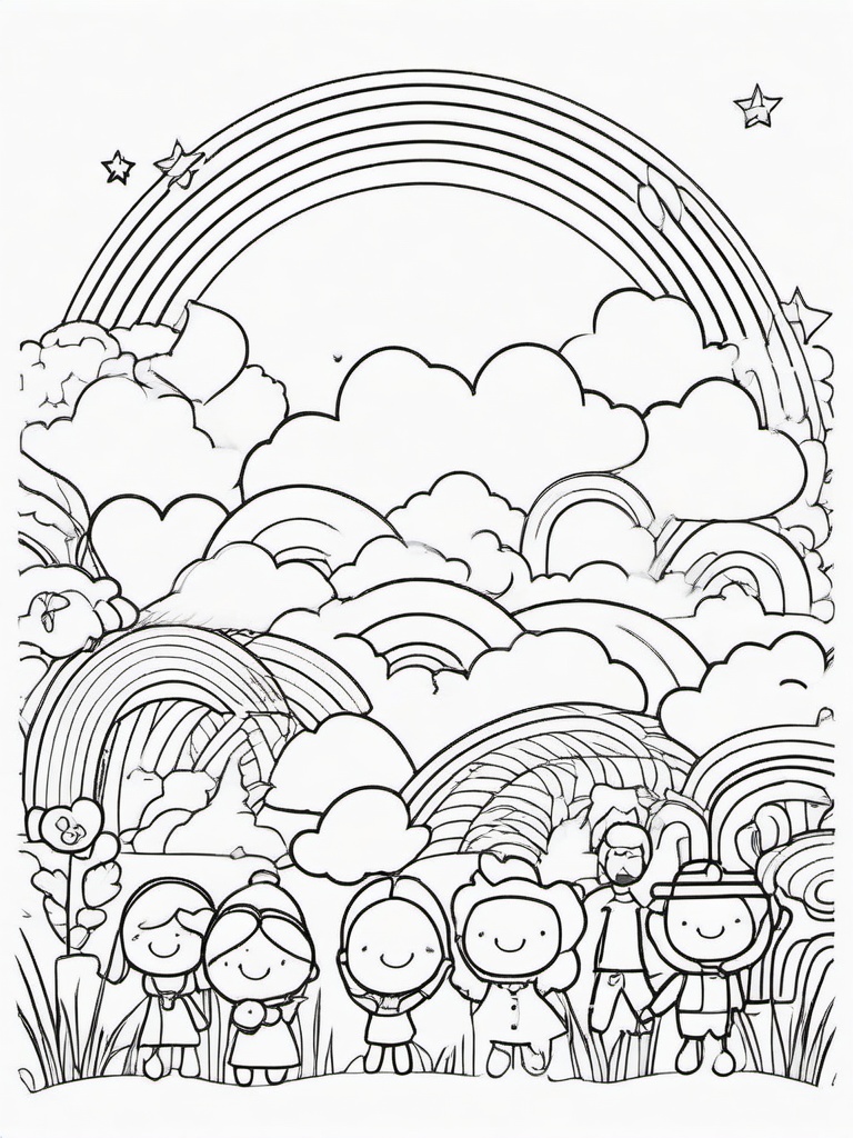 Rainbow Coloring Page - Cheerful rainbow with friendly characters.  easy,simple,minimal,coloring pages,black and white outline