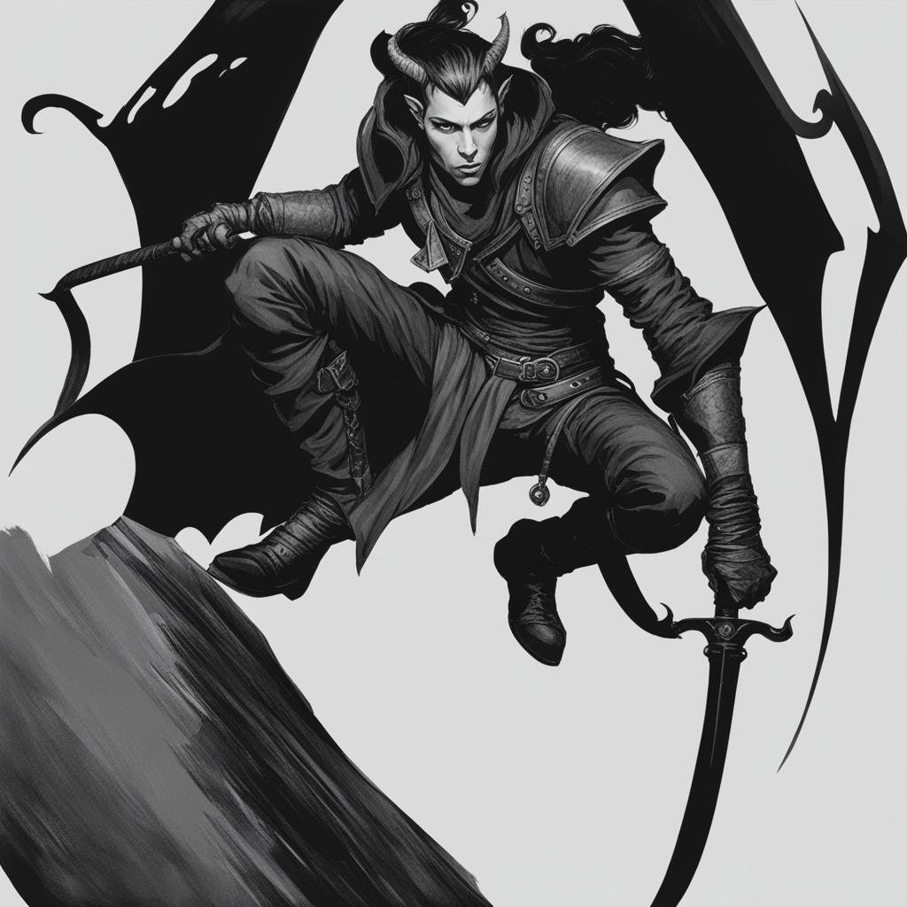 enigmatic tiefling rogue in the shadows - paint an enigmatic tiefling rogue lurking in the shadows, ready to strike with stealth and cunning. 