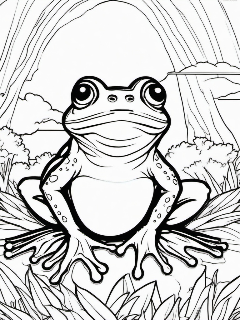 Frog Coloring Pages - Frog with a rainbow in the background  simple coloring pages