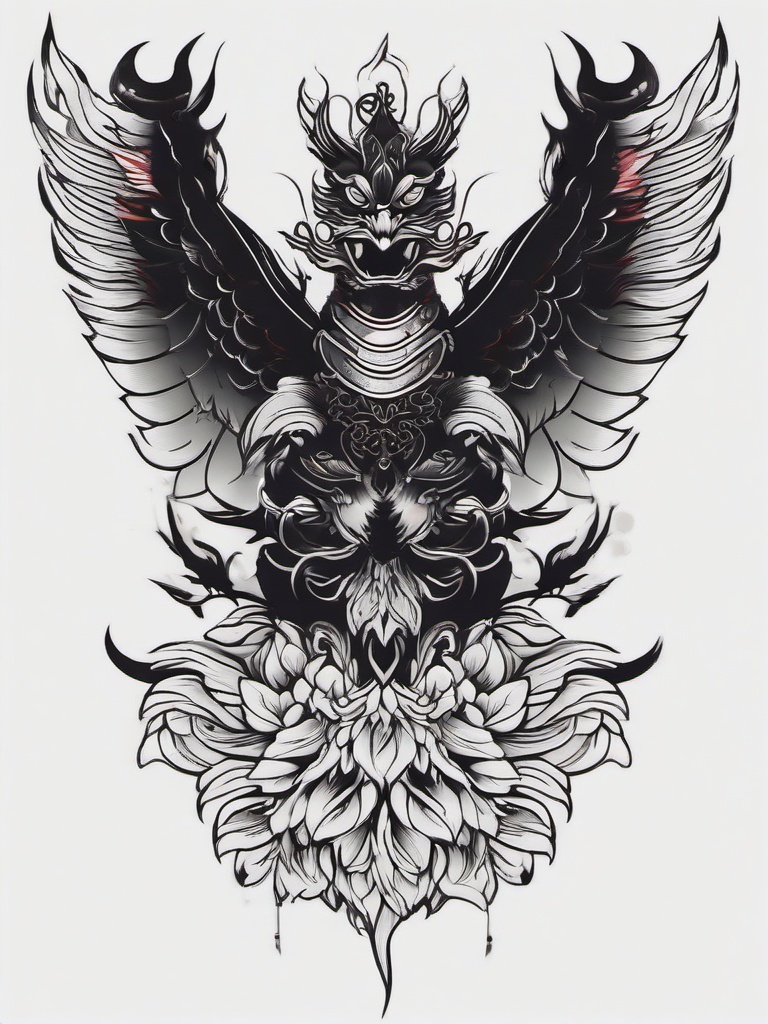 Tengu Demon Tattoo - Features a Tengu demon, a creature from Japanese folklore, in tattoo art.  simple color tattoo,white background,minimal