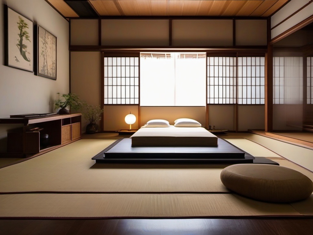 Japanese bedroom showcases tatami mats, low-profile beds, and minimal decor, promoting a tranquil atmosphere for rest and relaxation.  