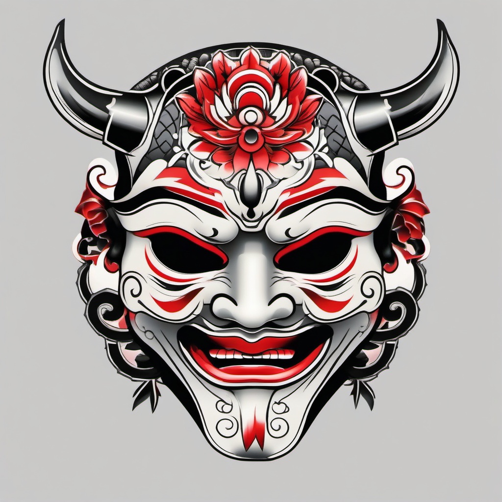 american traditional japanese mask  simple color tattoo,white background,minimal