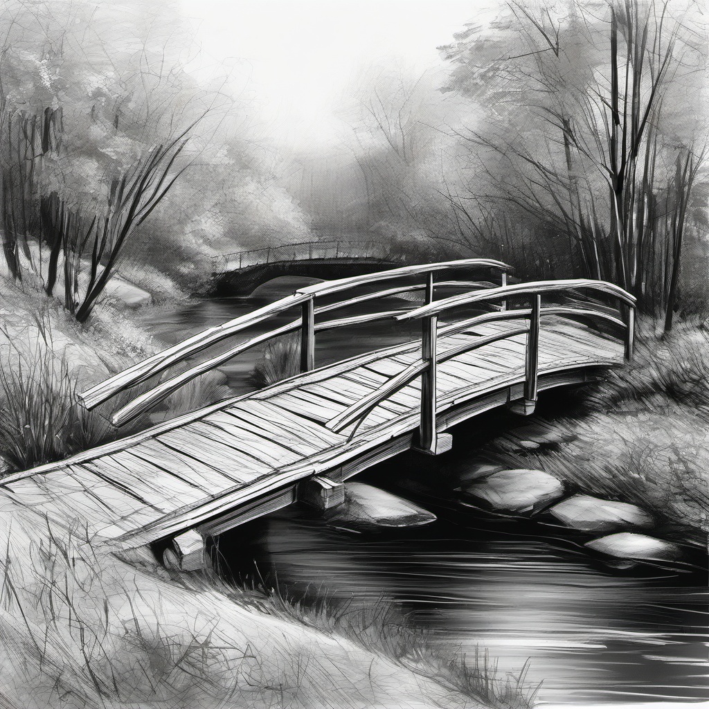 drawing of a wooden bridge over a stream  minimal rough sketch scribbles,doodles,black and white