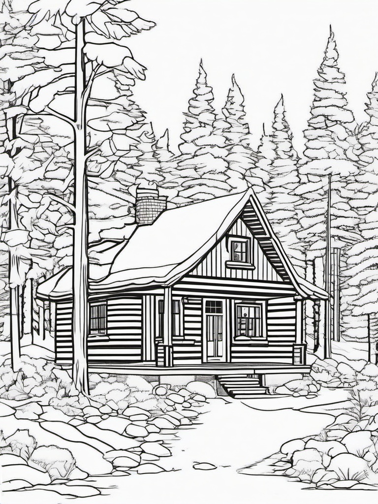 House Coloring Pages - Log cabin in a snowy forest setting  simple coloring pages