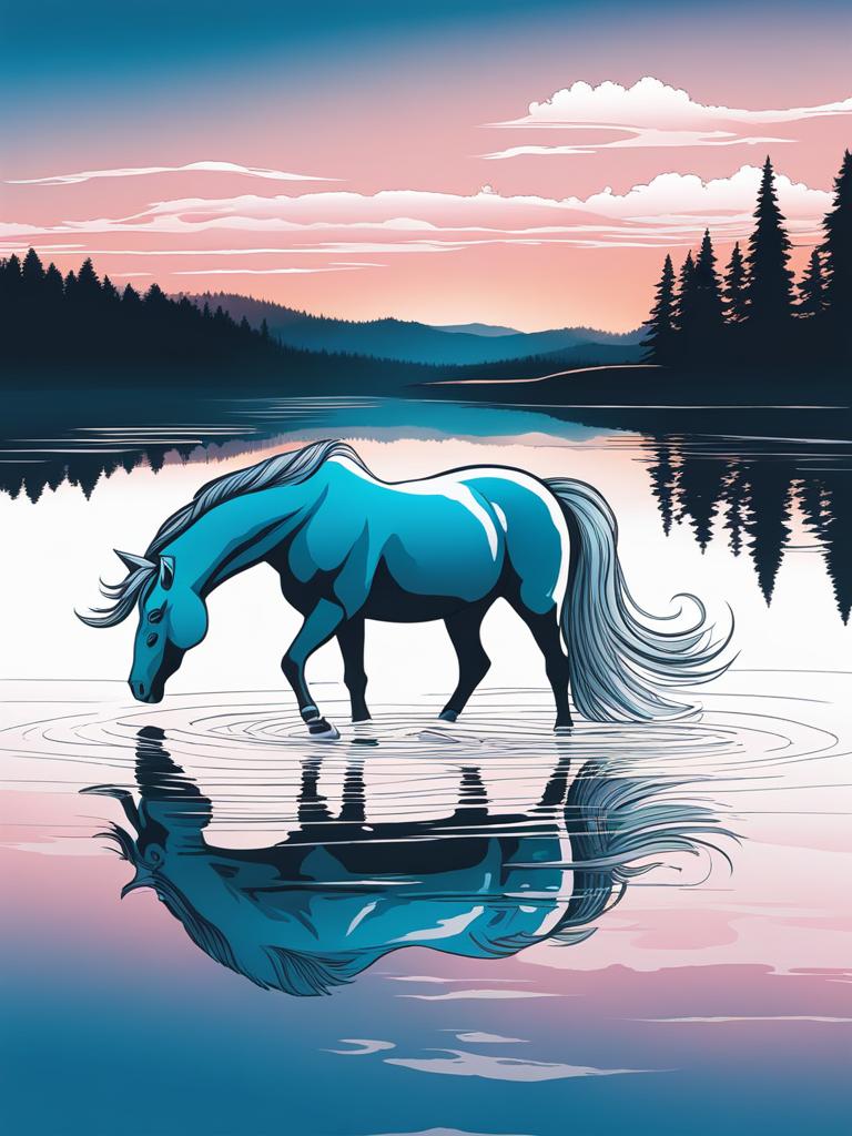 unicorn coloring pages - ethereal unicorn gliding over a serene, glassy lake, its reflection a mirror image of grace and beauty. 