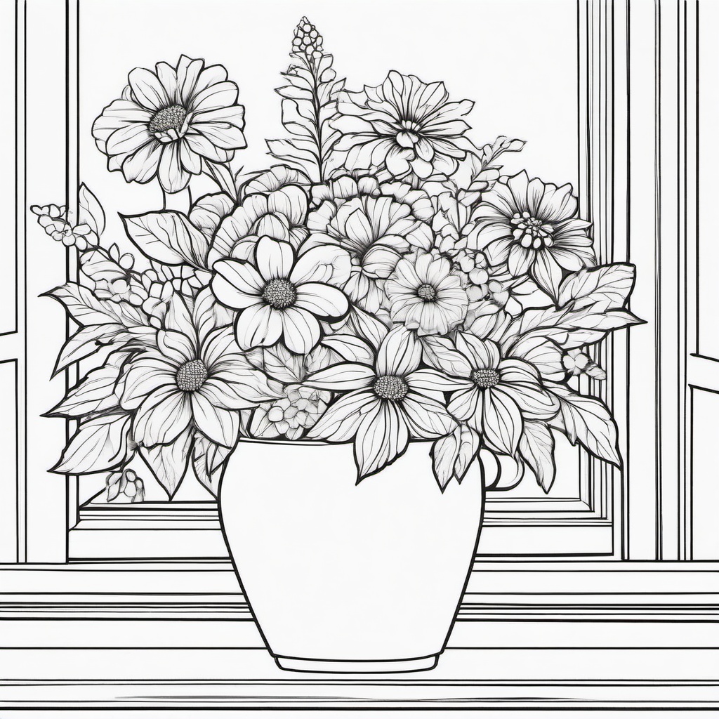 Summer Coloring Pages - Pot of vibrant summer flowers on a windowsill  simple coloring pages