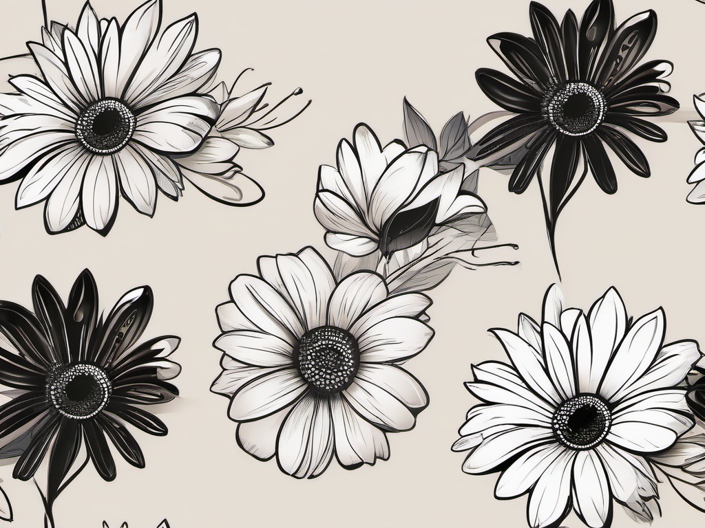 Daisy Name Tattoo-Personalization of ink with a daisy name tattoo, expressing a special connection to a loved one.  simple vector color tattoo