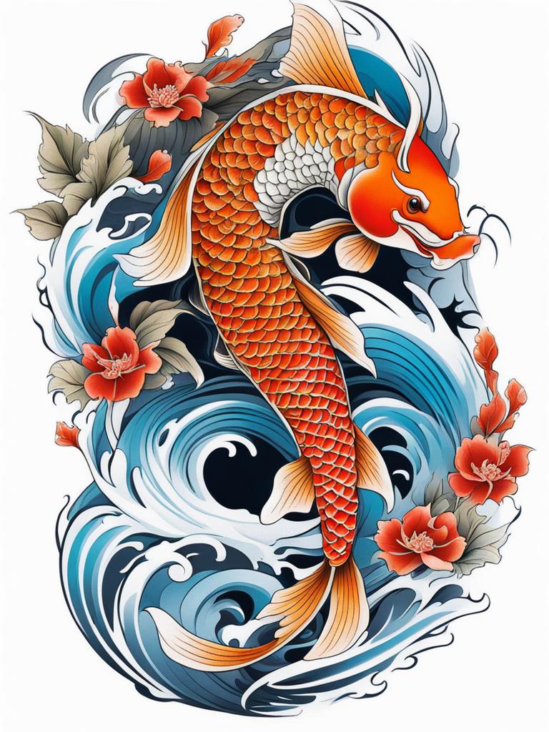 Koi and dragon tattoo, Tattoos combining the beauty of koi fish with dragon imagery.  color, tattoo style pattern, clean white background