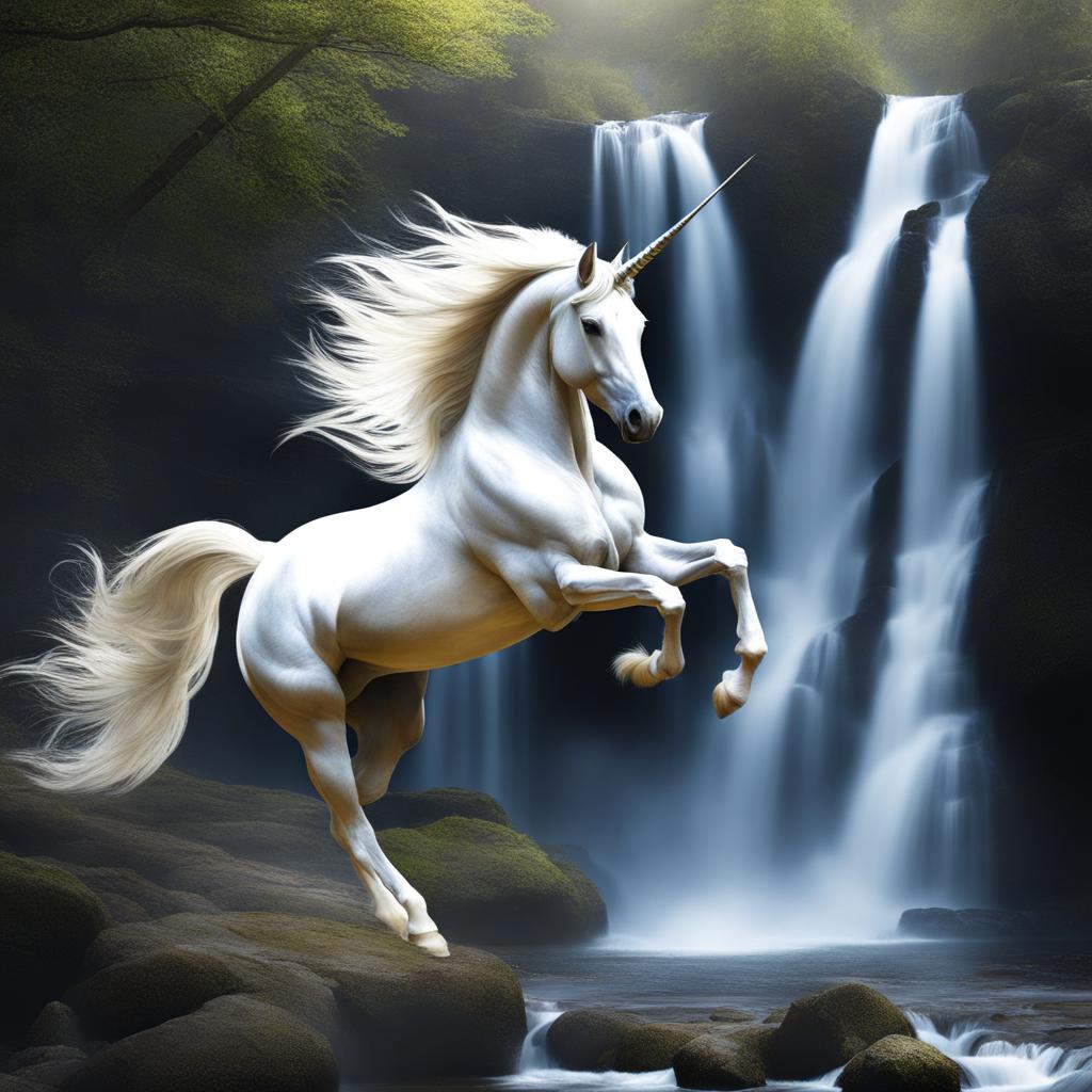 majestic unicorn leaping gracefully over a cascading waterfall, its silvery mane flowing in the mist. 