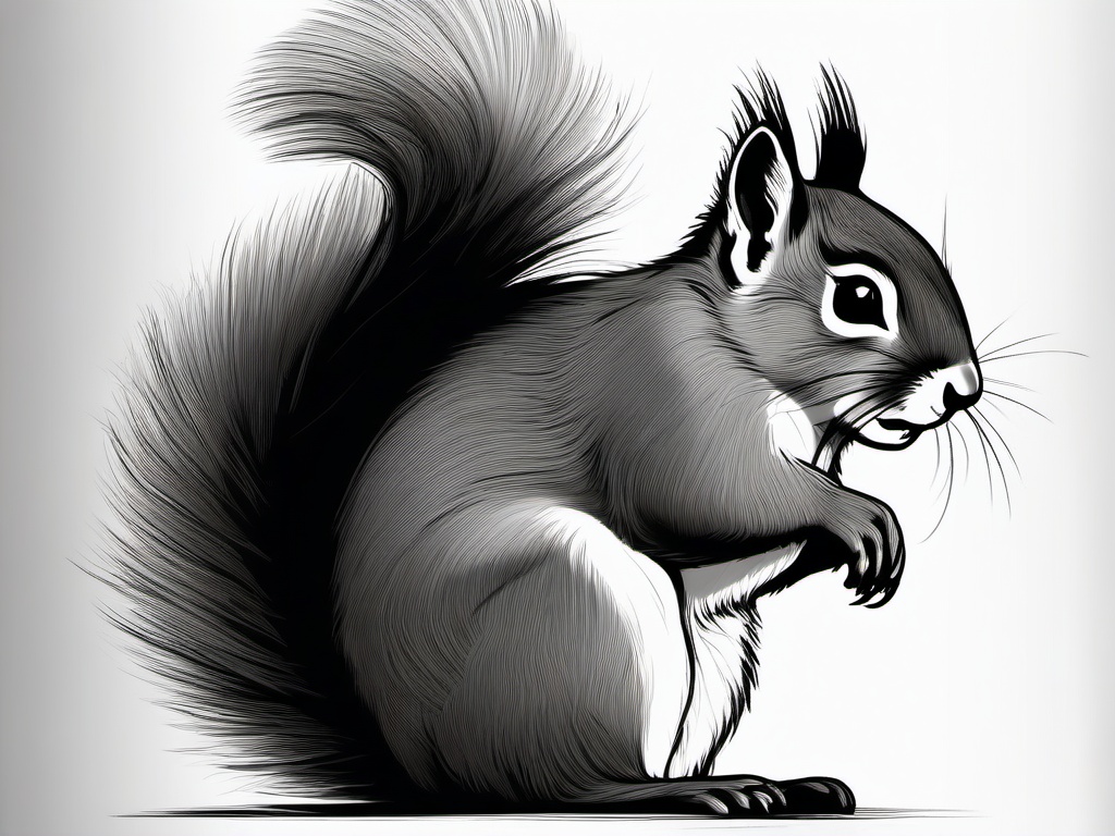 drawing of a squirrel with a fluffy tail  minimal rough sketch scribbles,doodles,black and white