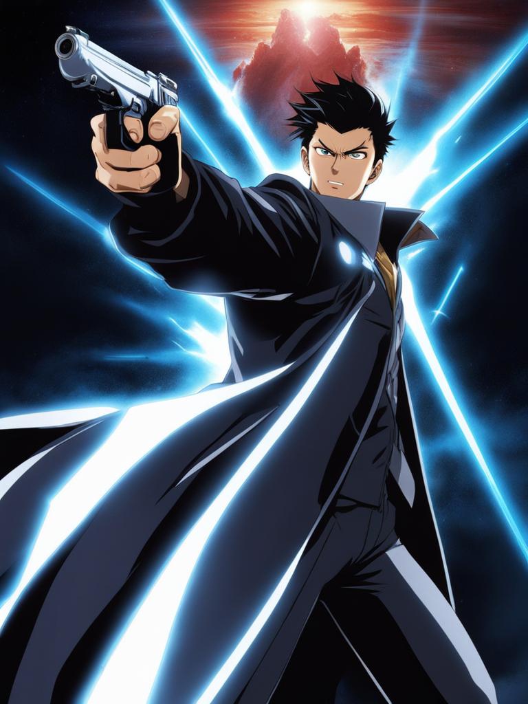 yusuke urameshi unleashes his spirit gun in a supernatural arena battle. 