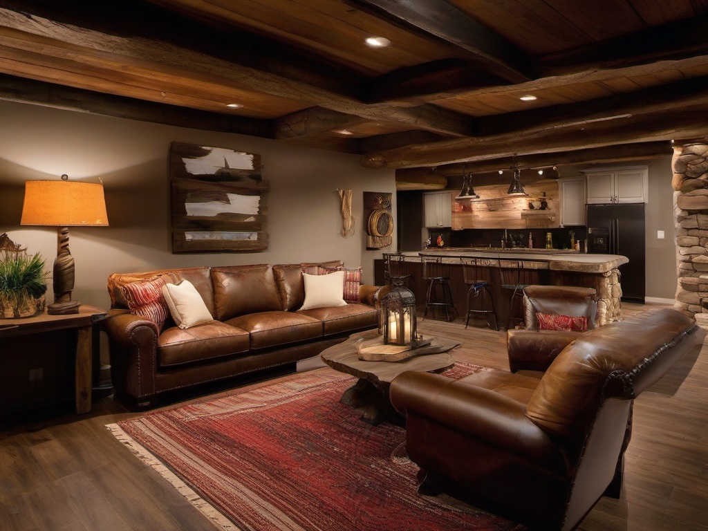 The basement highlights rustic interior design with a mix of comfortable furnishings, warm textiles, and natural decor that create a unique space for entertainment and relaxation.  