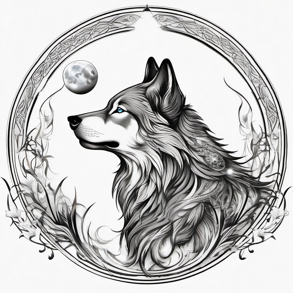 Tattoo Wolf and Moon,celestial partnership, wolf and the moon entwined in a celestial tattoo. , tattoo design, white clean background