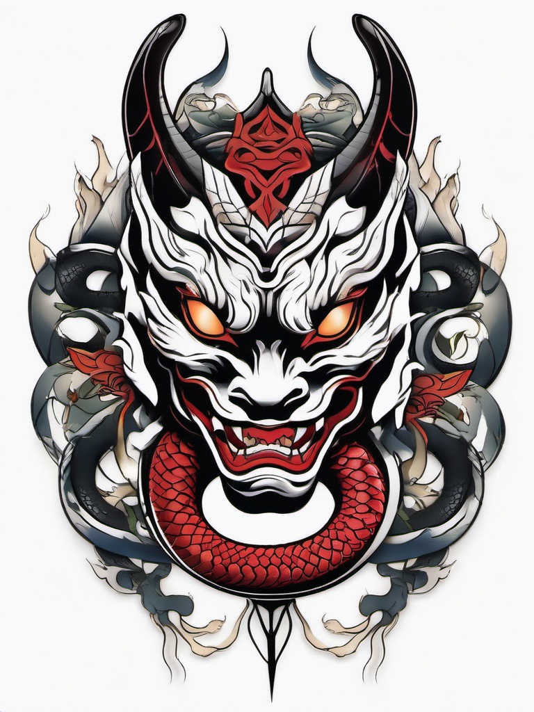 Hannya Mask Snake Tattoo - A tattoo design that combines the expressive Hannya mask with a snake motif, symbolizing transformation and power.  simple color tattoo,white background,minimal