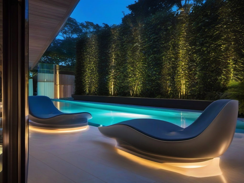 The pool area embraces futuristic interior design with sleek loungers, integrated lighting, and contemporary decor that creates a luxurious atmosphere for summer enjoyment.  