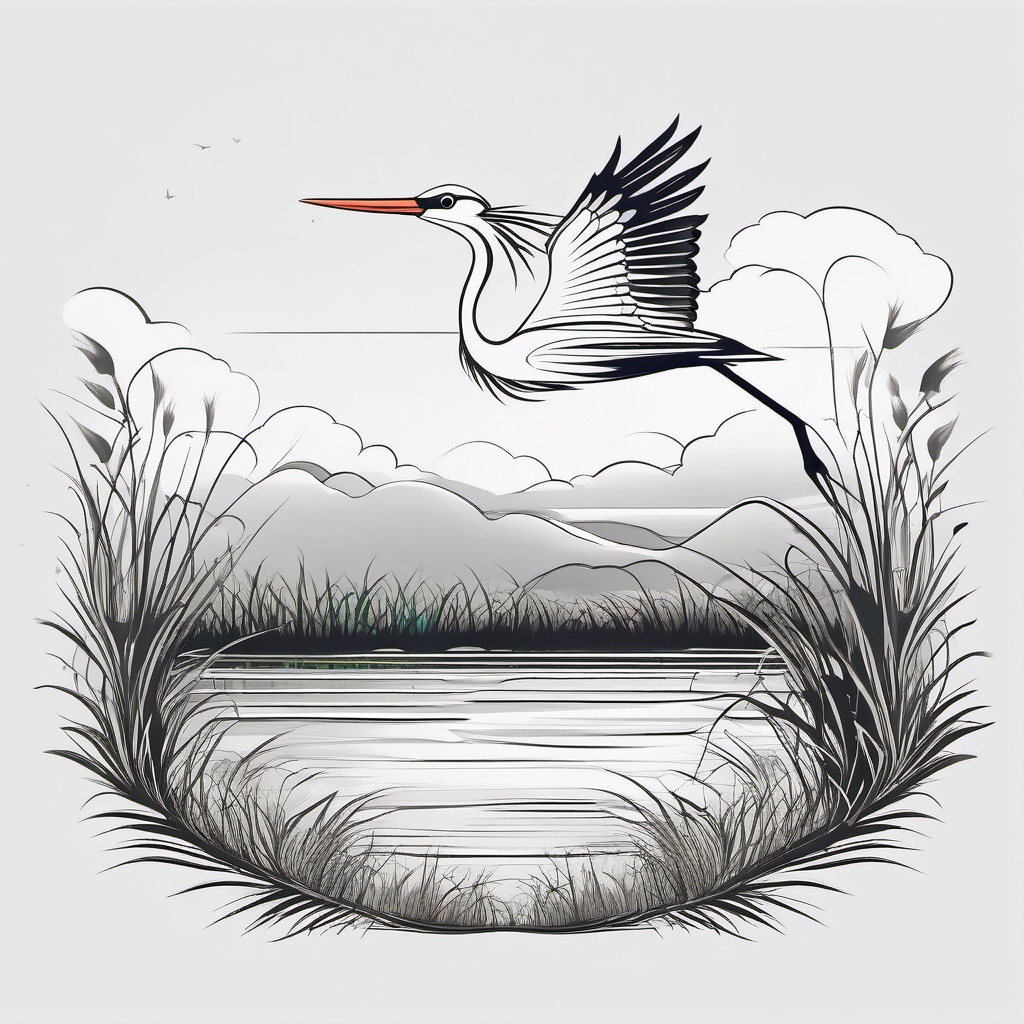 Stork Tattoo - Stork standing on one leg in a grassy wetland  few color tattoo design, simple line art, design clean white background