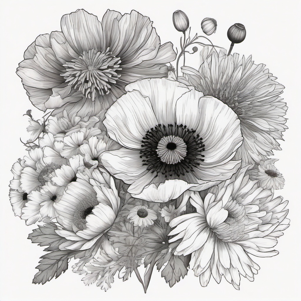 Black and white Poppy, Daisy, chrysanthemum bouqet ,tattoo design, white background