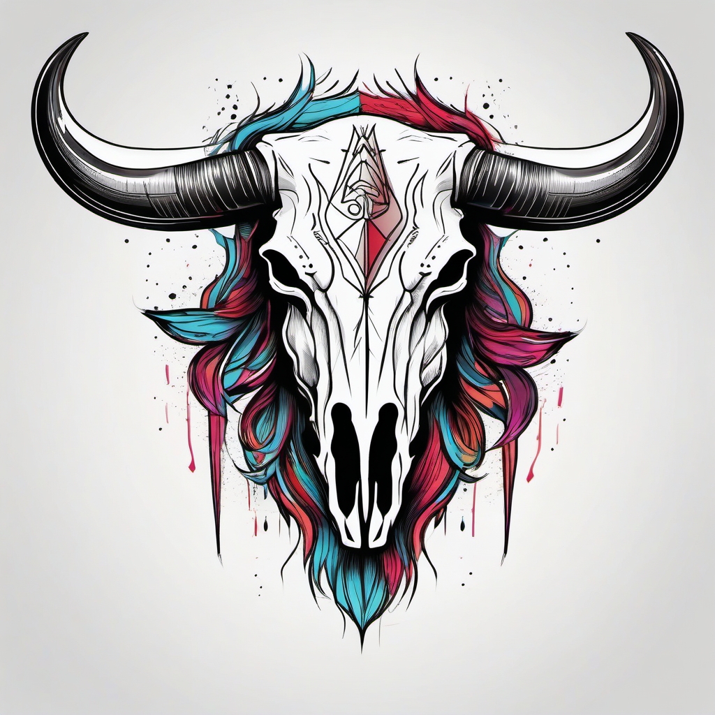 Abstract bull skull sketch ink. Minimalist lines of untamed power.  color tattoo design, white background