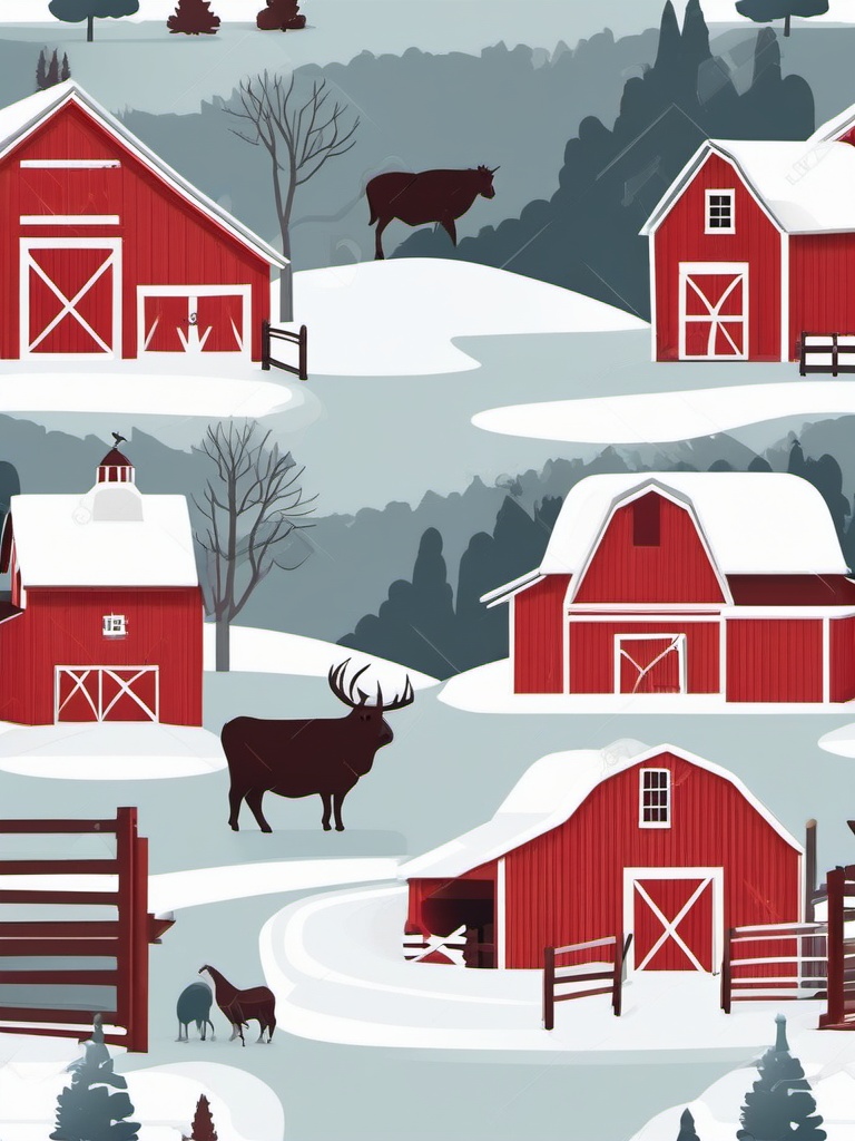 Snowy Farm Scene clipart - Snowy farm with barn and animals, ,vector color clipart,minimal