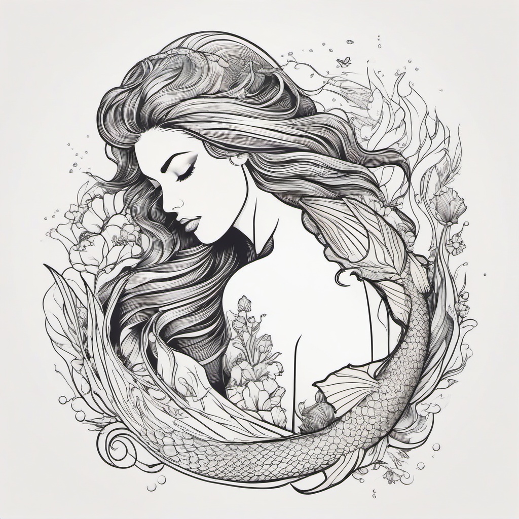 Mermaid Tattoo Drawings - Discover artistic inspiration with drawings of mermaid-themed tattoo designs.  simple vector color tattoo,minimal,white background