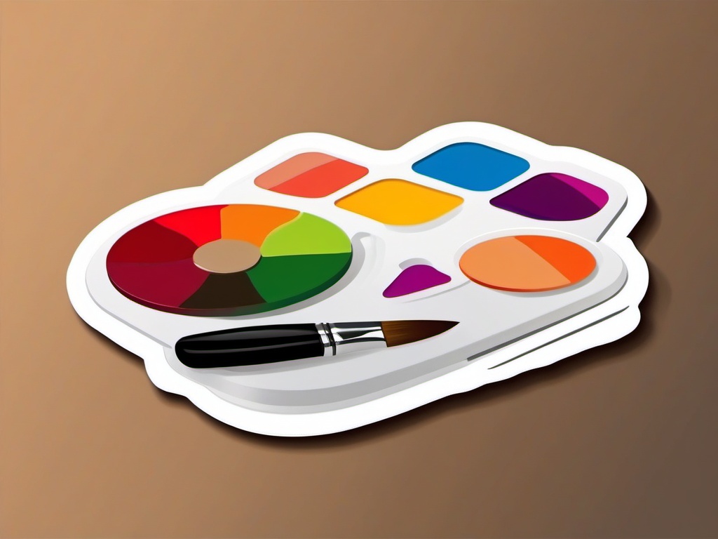 Palette and Brush Sticker - Artist's palette with a paintbrush, ,vector color sticker art,minimal