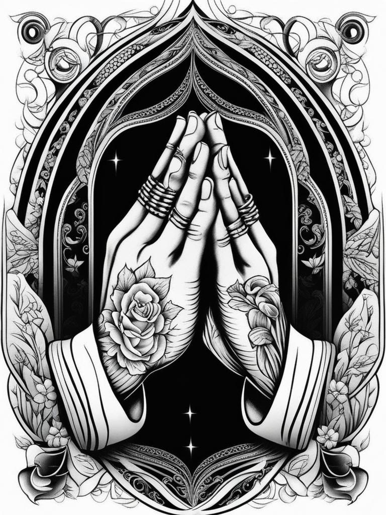 praying hands tattoo black and white design 