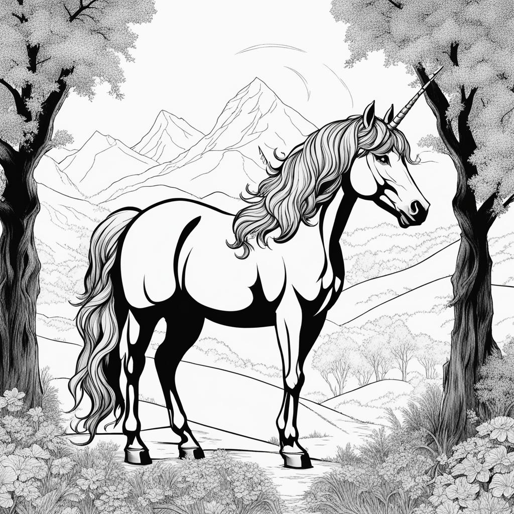 unicorn coloring pages - vigilant unicorn standing sentinel at the entrance to a hidden valley, its horn aglow with protective magic. 