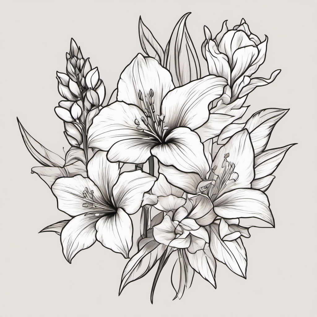 July and August Birth Flower Tattoo-Celebrating the beauty of July and August with a birth flower tattoo, featuring larkspur and gladiolus, symbolizing love and strength.  simple vector color tattoo