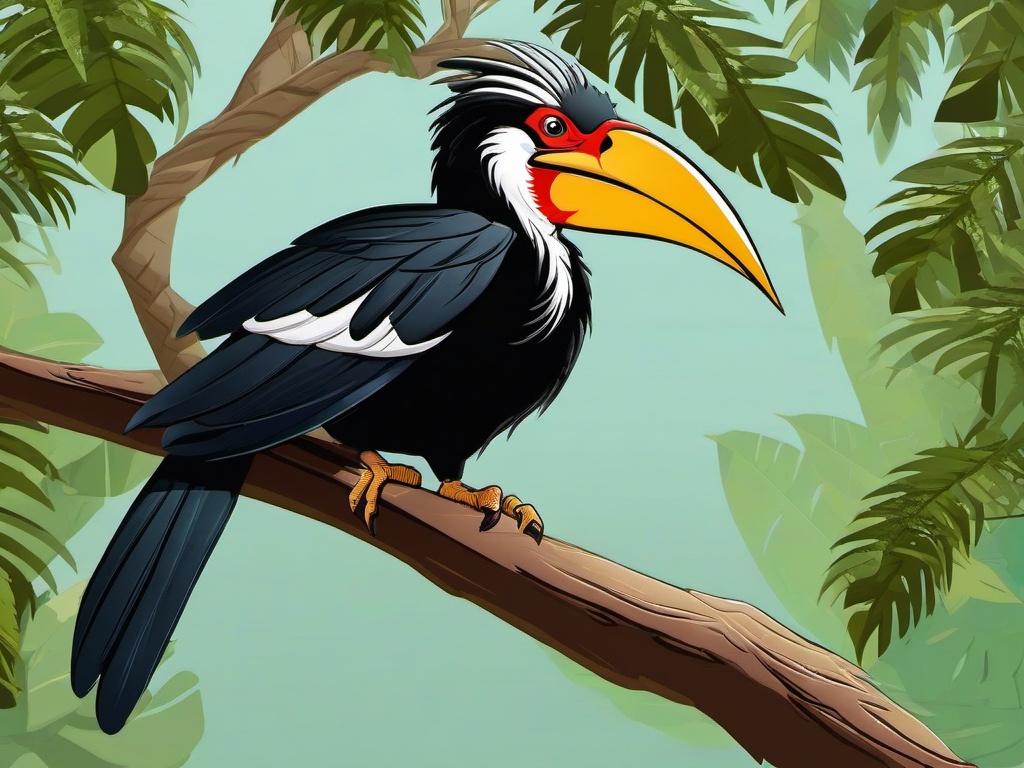 Hornbill Cartoon - Cartoon of hornbill perched in tree  