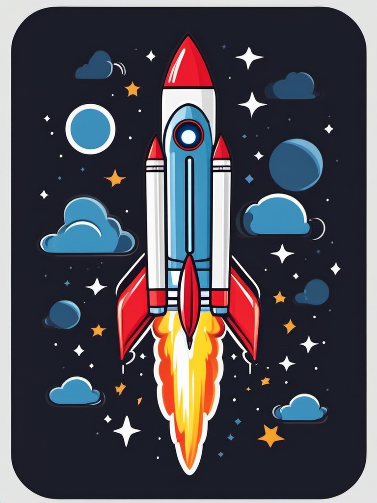 Rocket Launch Sticker - Rocket taking off into space, ,vector color sticker art,minimal