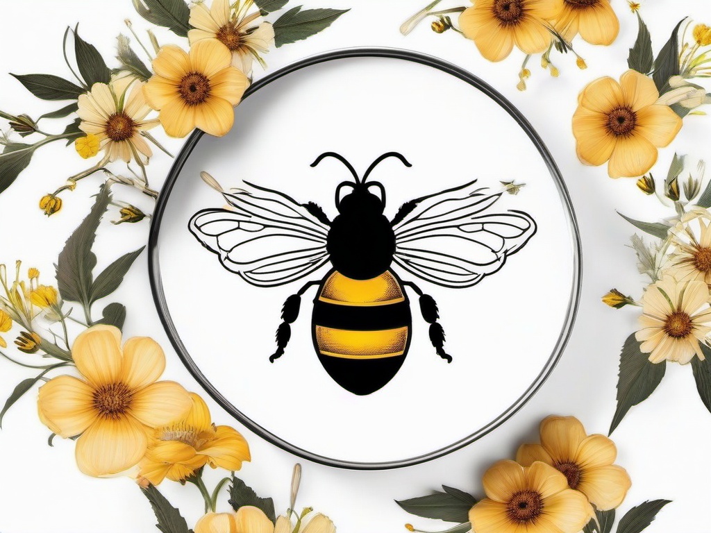 Honey Bee Tattoo with Flowers - Infuse your ink with the beauty of blooms with a honey bee tattoo with flowers, celebrating the insect's role in pollination.  simple tattoo,minimalist,white background