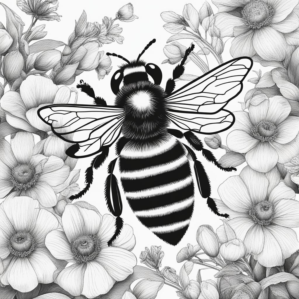 bee clipart black and white in a vibrant garden - buzzing with life. 