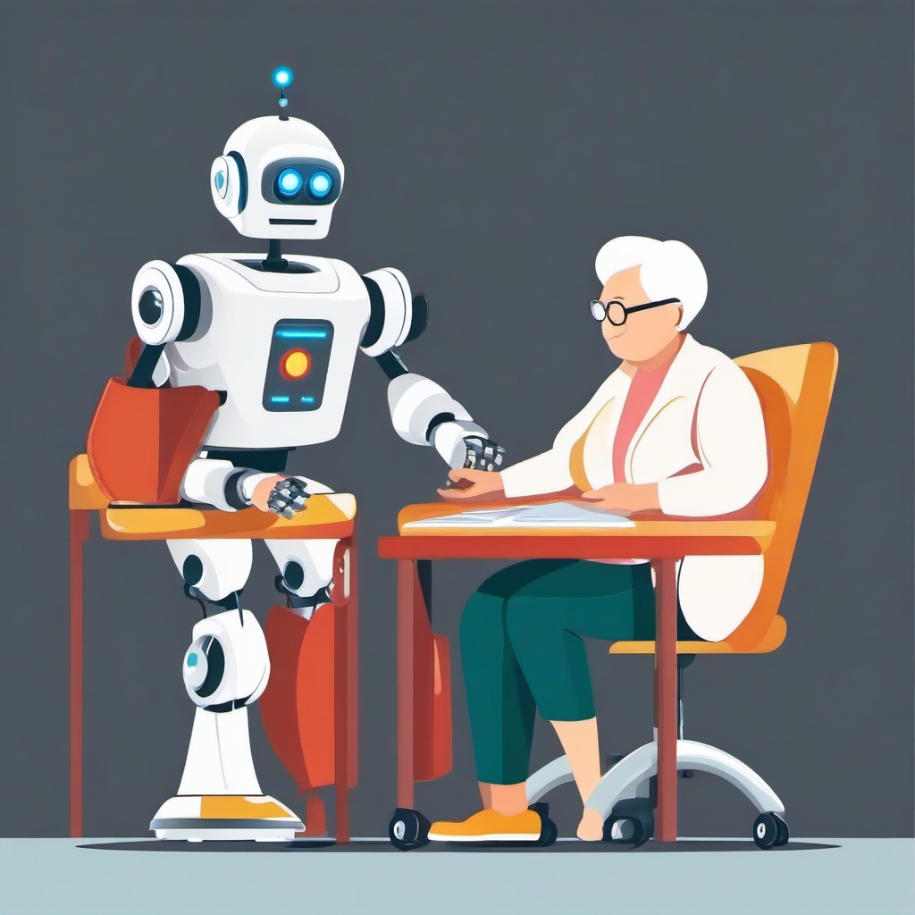 Robot helping an elderly person clipart.  vector style illustration, white background