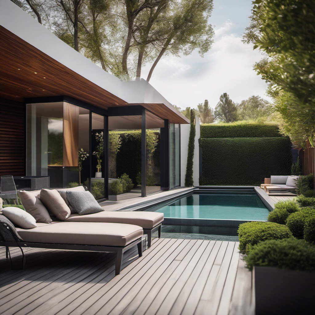 Sleek Backyard Oasis - Sleek backyard oasis with a modern swimming pool and sleek outdoor furniture. realistic, professional photography, bokeh, natural lighting, canon lens, shot on dslr 64 megapixels sharp focus